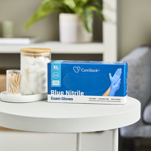 CareStock X-Large Nitrile Exam Gloves with Textured Fingertips - Blue, Chemo Tested, Standard Cuff - Image 2