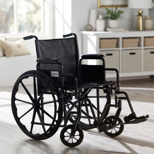 McKesson Dual Axle Wheelchair with Desk Length Arms and Swing-Away Footrests, 20-Inch Seat Width, Black Upholstery, 350 lbs Capacity - Image 5