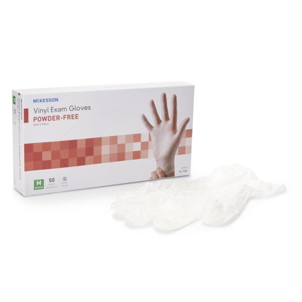 McKesson Confiderm Medium Non-Sterile Vinyl Exam Gloves with Standard Cuff - Clear, Powder-Free, Latex-Free