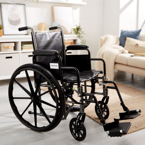 McKesson Dual Axle Wheelchair with 18-Inch Seat, Swing-Away Footrests & Detachable Desk Arms - Black Upholstery - Image 3