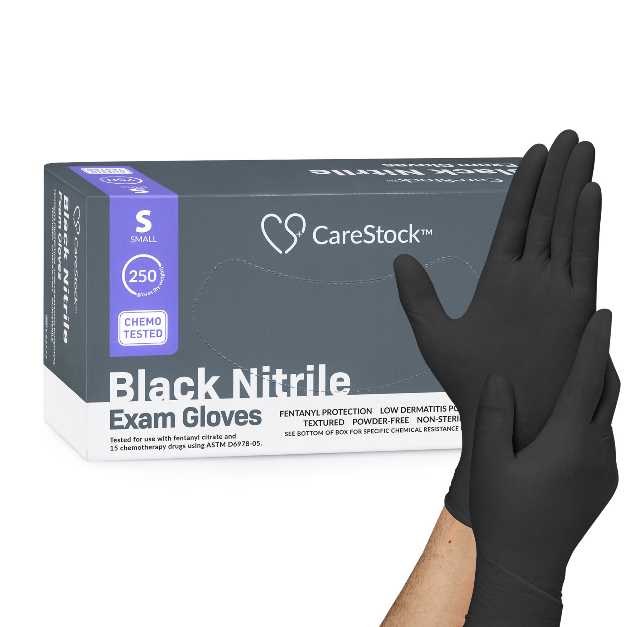 CareStock Small Nitrile Exam Gloves with Textured Finish and Secure Fit - NonSterile, Black, Standard Cuff Length