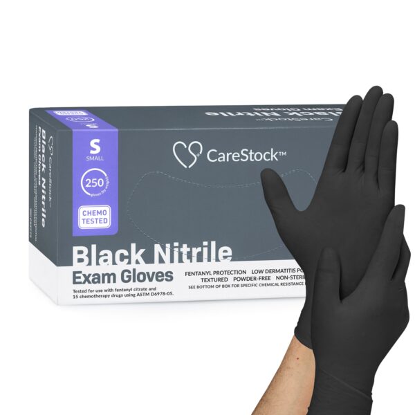 CareStock Small Nitrile Exam Gloves * NonSterile, Fully Textured, Black, Standard Cuff, Chemotherapy Tested