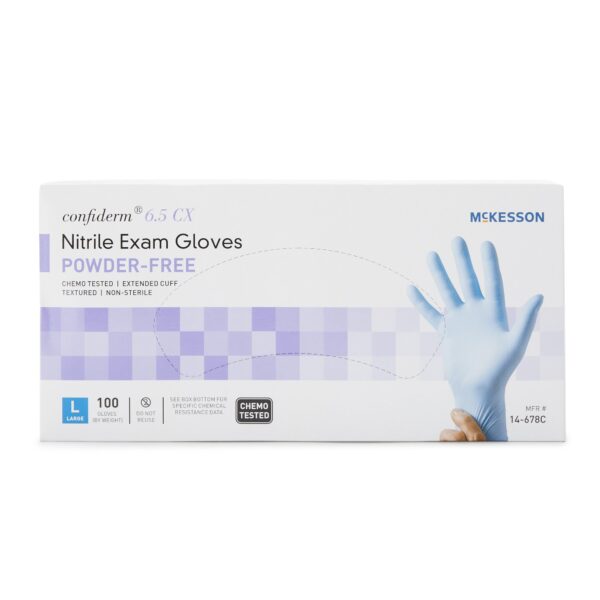 McKesson Confiderm 14-678C Large Blue Nitrile Exam Gloves with Extended Cuff and Textured Fingertips - Image 5