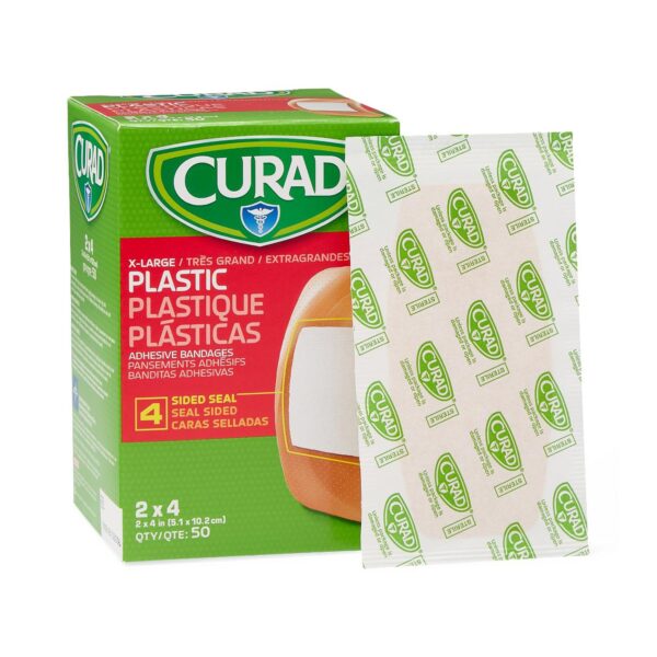 Curad Adhesive Strip 2 x 4 Inch Plastic Rectangle Bandages - Sterile Tan First Aid Wound Cover - Image 2