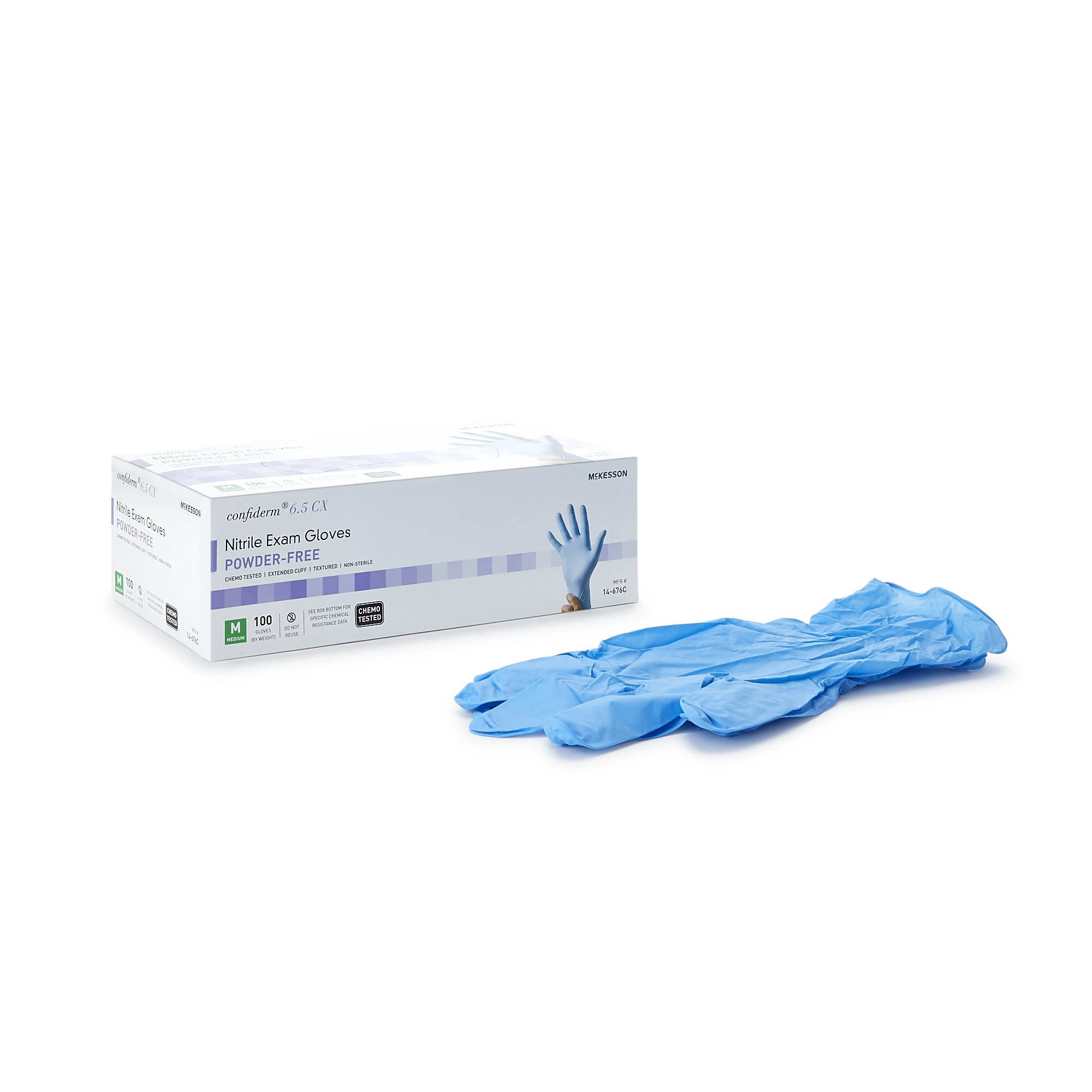 McKesson Confiderm 14-676C Medium Nitrile Exam Gloves with Extended Cuff and Textured Fingertips
