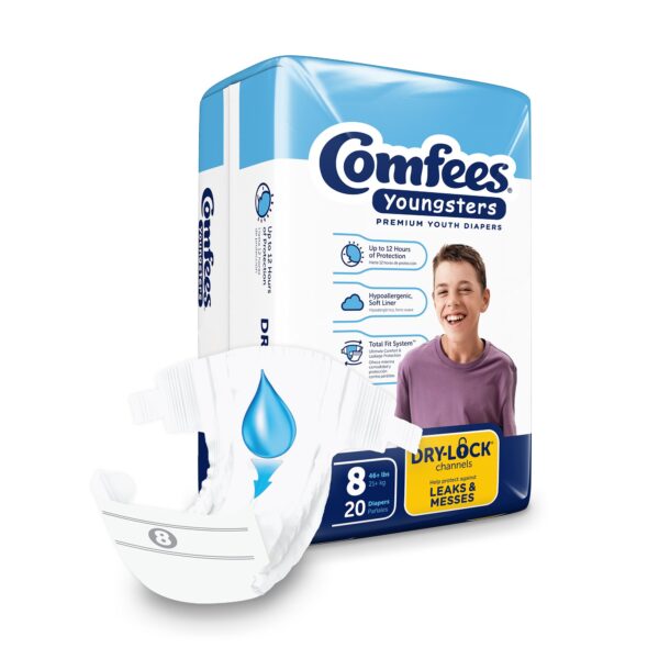 Comfees Size 8 Youth Incontinence Brief - Heavy Absorbency, Comfortable Fit for Kids Over 46 lbs