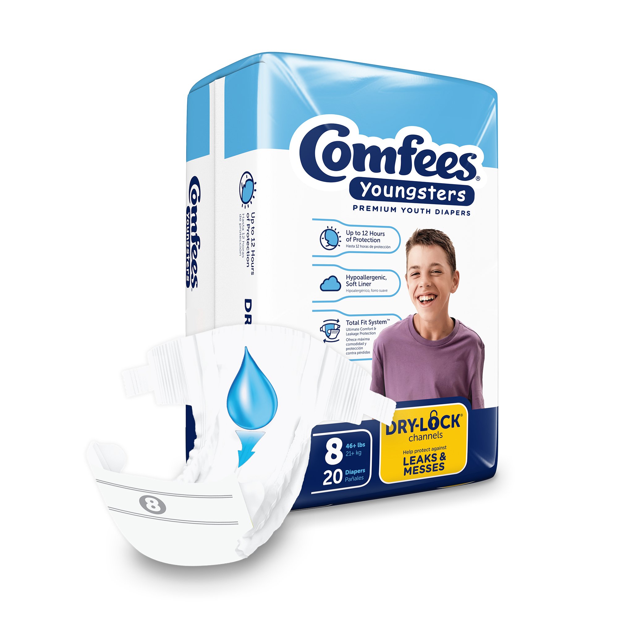 Comfees Size 8 Youth Incontinence Brief - Heavy Absorbency, Comfortable Fit for Kids Over 46 lbs