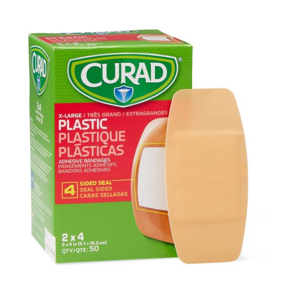 Curad Adhesive Strip 2 x 4 Inch Plastic Rectangle Bandages - Sterile Tan First Aid Wound Cover
