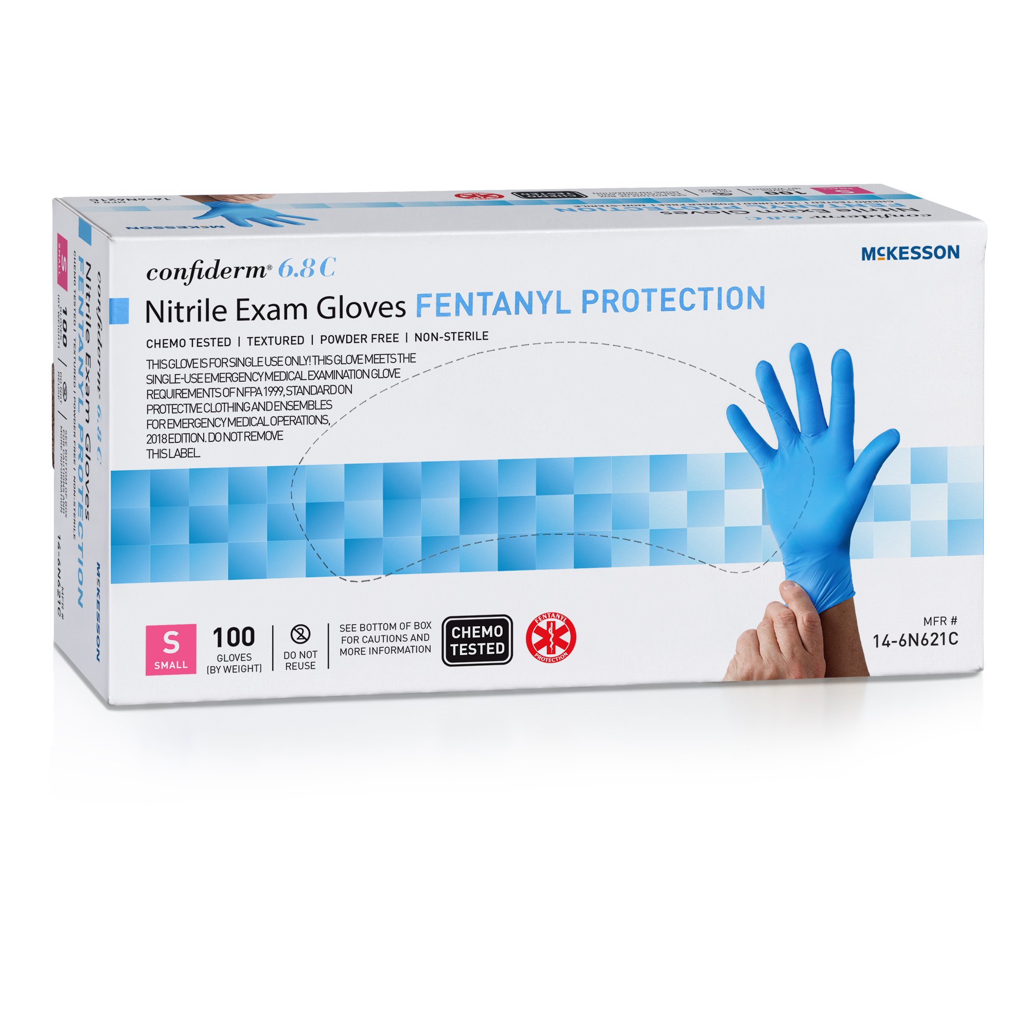 McKesson Confiderm 14-6N621C Small NonSterile Nitrile Exam Gloves, Blue, Fully Textured, Chemo and Fentanyl Tested