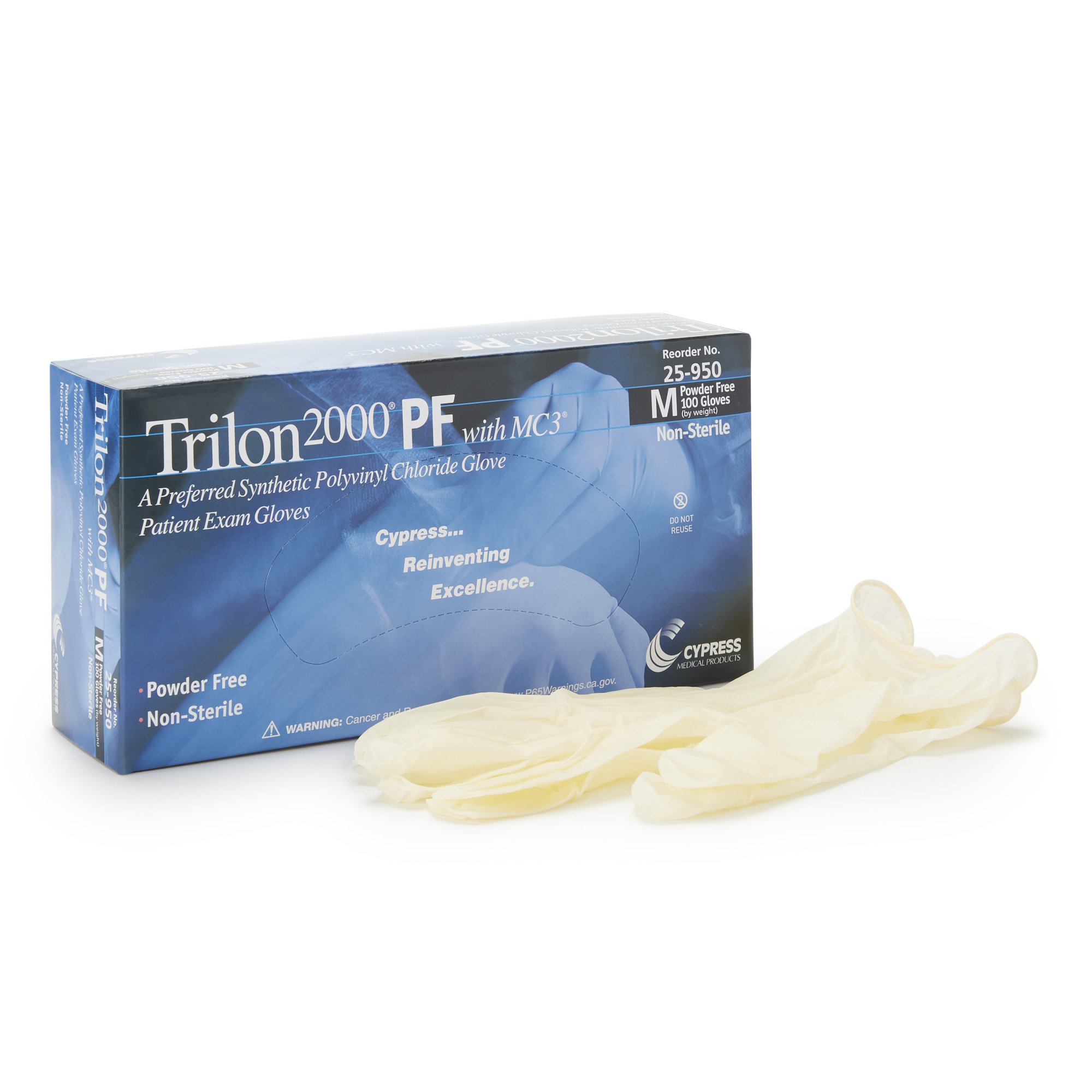 Trilon 2000 PF Medium Non-Sterile Vinyl Exam Gloves by BrandName - Comfortable, Ambidextrous, and Beaded Cuff