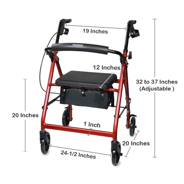 McKesson 146-R726RD Four Wheel Red Rollator with Adjustable Height and Folding Aluminum Frame - Image 5