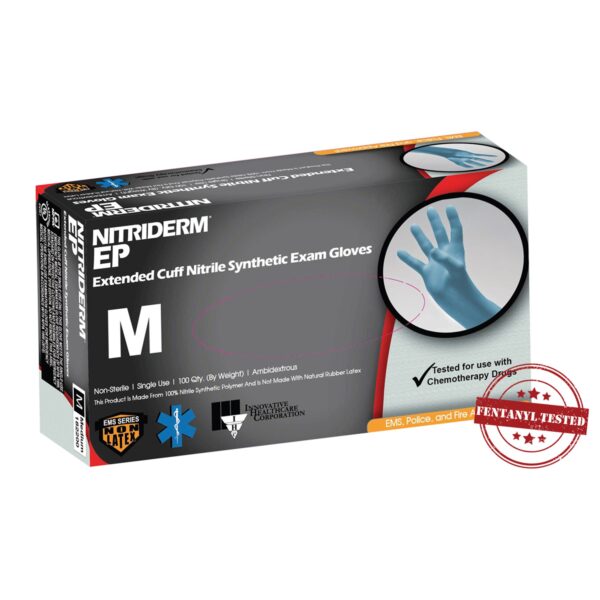 NitrileDerm EP Exam Gloves Medium by NitrileDerm, Part Number 182200 * Extended Cuff, Fully Textured, Blue, Chemo and Fentanyl Tested - Image 2