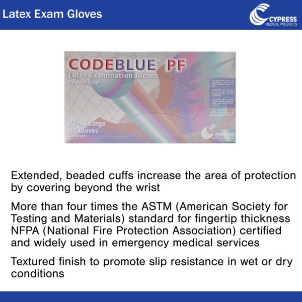 CodeBlue Exam Glove PF Large NonSterile Latex with Extended Cuff - Fully Textured Blue - Image 3