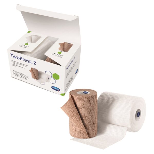 TwoPress 2-Layer Compression Bandage System by 3M, 4 Inch x 7 Yard / 4 Inch x 8.9 Yard Self-Adherent Closure in Tan and White