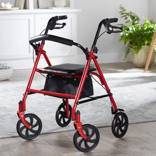 McKesson 4 Wheel Rollator with Adjustable Height and Folding Steel Frame - Red - Image 6