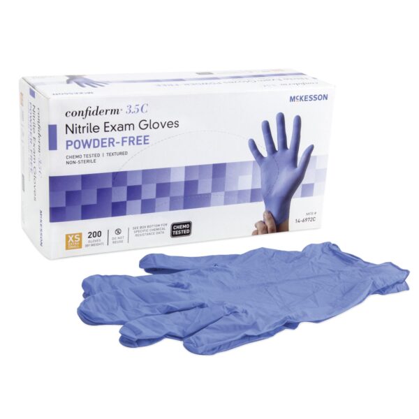 McKesson Confiderm 3.5C X-Small Nitrile Exam Gloves - Chemotherapy Tested, Textured Fingertips, Blue