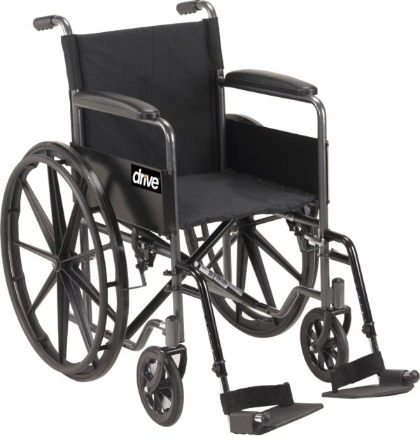 Drive Silver Sport 1 Dual Axle Manual Wheelchair with Swing-Away Footrests, 18-Inch Seat Width, Black Upholstery, and 300 lb Capacity