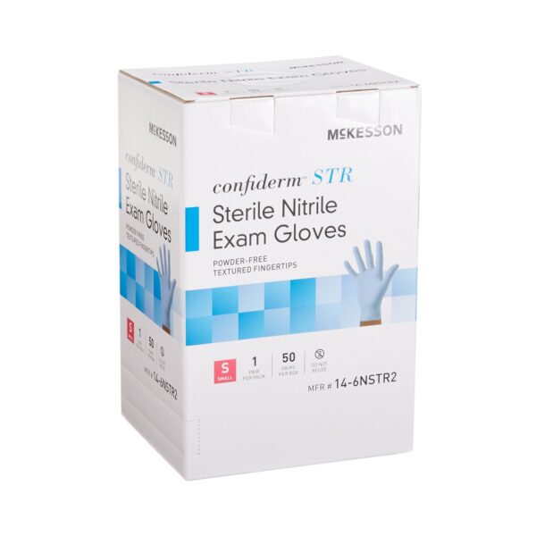 McKesson Confiderm STR Small Nitrile Exam Gloves - Sterile, Textured Fingertips, Standard Cuff, Blue (Part Number 14-6NSTR2) - Image 6