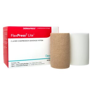 FlexPress2 Lite 2-Layer Compression Bandage System by MedTech, Part Number 79200, 4 Inch x 3-4/5 Yard & 4 Inch x 5-1/2 Yard Self-Adherent Closure Tan/White