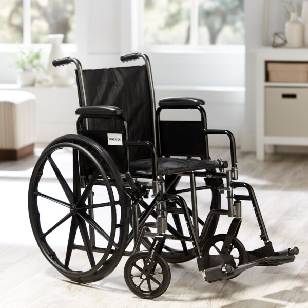 McKesson Dual Axle Wheelchair with Desk-Length Arms and Swing-Away Footrests * 16-inch Seat Width, Black Upholstery, 250 lbs Capacity - Image 4