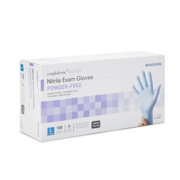 McKesson Confiderm 14-678C Large Blue Nitrile Exam Gloves with Extended Cuff and Textured Fingertips - Image 6