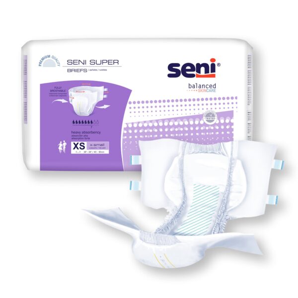 Seni Super X-Small Unisex Adult Incontinence Brief with Heavy Absorbency - Part Number S-XS25-BS1 - Image 5