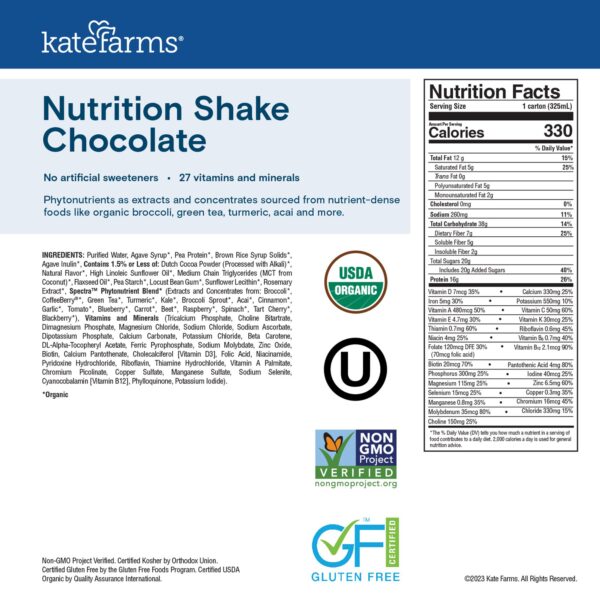 Kate Farms Nutrition Shake Chocolate Flavor Liquid 11 oz. Carton - Organic Meal Replacement - Image 6