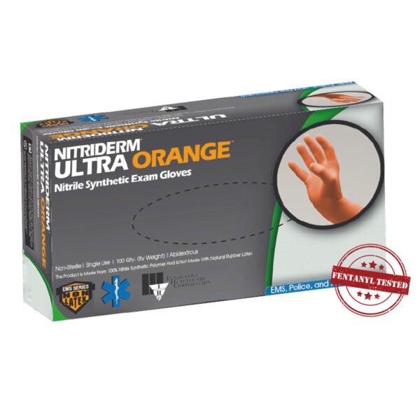 NitriDerm Ultra Orange Small Exam Gloves by BrandName * Non-Sterile, Fully Textured, Fentanyl & Chemo Tested, 9.5 Inch Length - Image 2