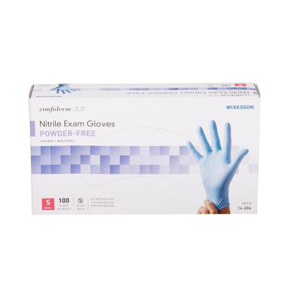 McKesson Confiderm 14-684 Small Nitrile Exam Gloves with Textured Fingertips, Blue, Non-Sterile, Standard Cuff Length - Image 5