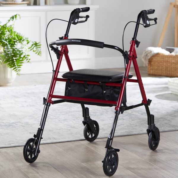McKesson 4 Wheel Rollator with Adjustable Height and Folding Aluminum Frame - Red, Part Number 146-RTL10261RD - Image 5