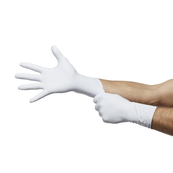 LifeStar EC Medium NonSterile Nitrile Exam Gloves with Extended Cuff and Fentanyl Testing - White/Blue - Image 4