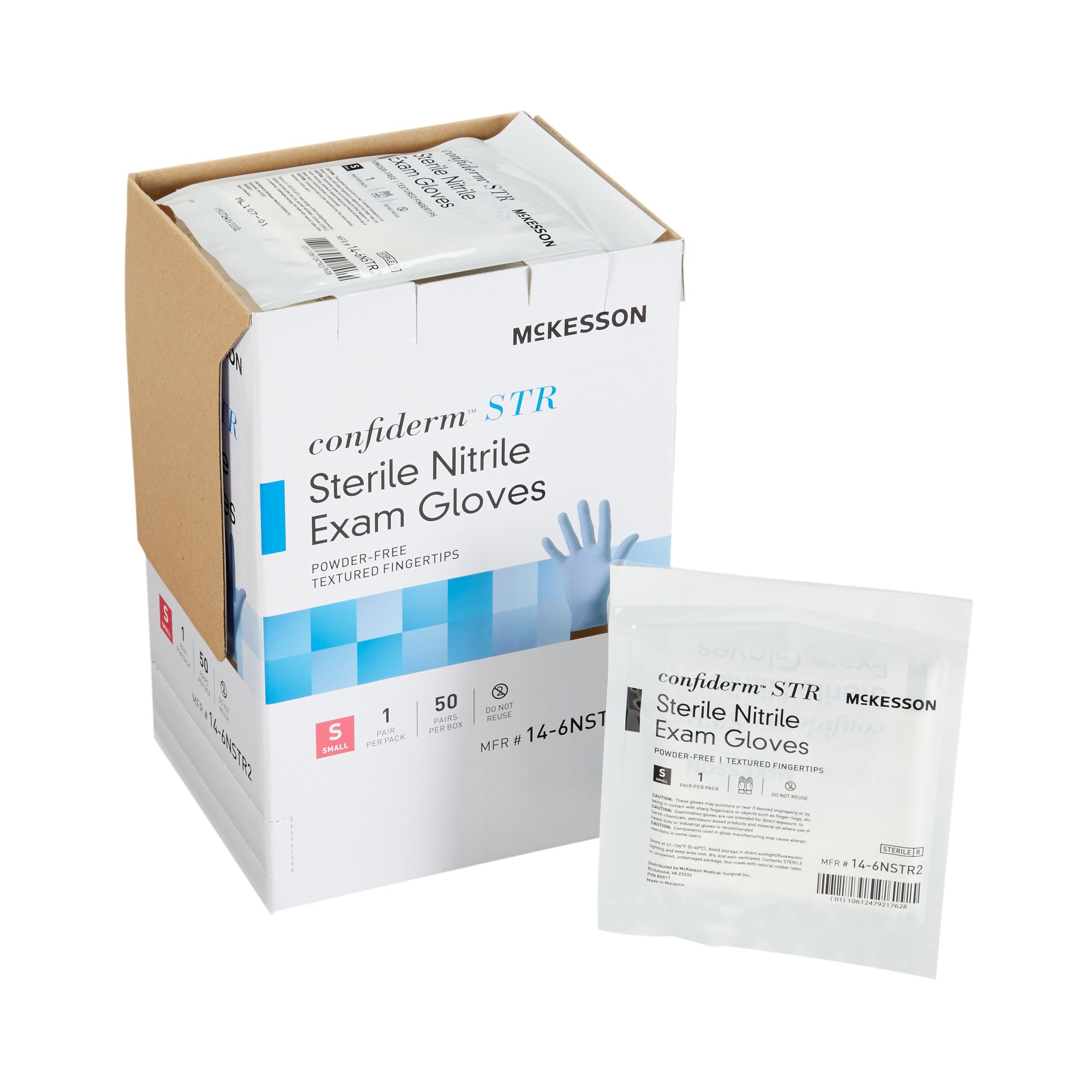 McKesson Confiderm STR Small Nitrile Exam Gloves * Sterile, Textured Fingertips, Blue, Standard Cuff