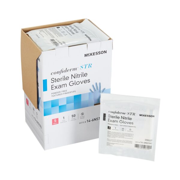 McKesson Confiderm STR Small Nitrile Exam Gloves - Sterile, Textured Fingertips, Standard Cuff, Blue (Part Number 14-6NSTR2)