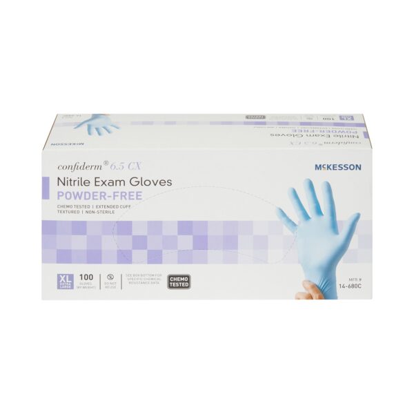 McKesson Confiderm 14-680C Extra Large Nitrile Exam Gloves with Extended Cuff and Textured Fingertips - Image 5