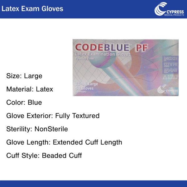 CodeBlue Exam Glove PF Large NonSterile Latex with Extended Cuff - Fully Textured Blue - Image 2