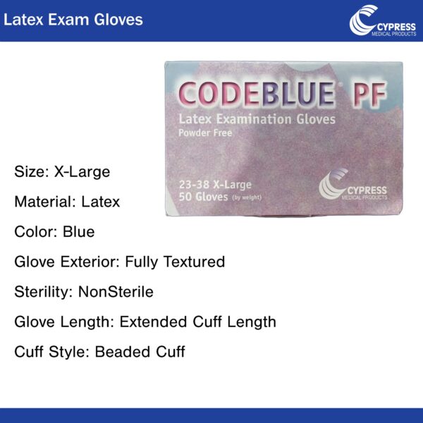 CodeBlue PF X-Large NonSterile Latex Exam Glove with Extended Cuffs - Fully Textured Blue - Image 2