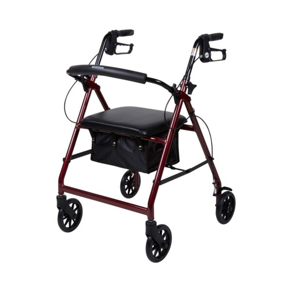 McKesson 146-R726RD Four Wheel Red Rollator with Adjustable Height and Folding Aluminum Frame - Image 3