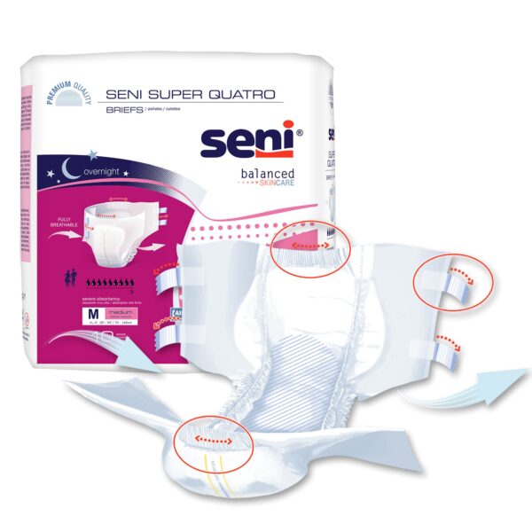 Seni Super Quatro Medium Disposable Heavy Absorbency Adult Incontinence Brief by Seni, Part No. S-ME10-BQ1 - Image 5