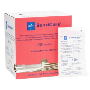 SensiCare? Medium Sterile Exam Gloves - Stretch Vinyl Material, Beige, Standard Cuff Length