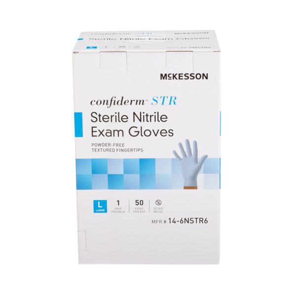 McKesson Confiderm STR Large Nitrile Exam Gloves - Sterile, Textured Fingertips, Blue, Standard Cuff - Image 5