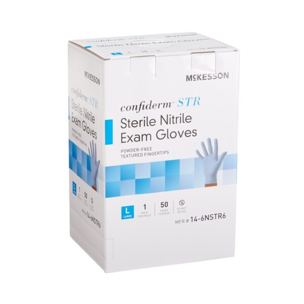 McKesson Confiderm STR Large Nitrile Exam Gloves - Sterile, Textured Fingertips, Blue, Standard Cuff - Image 6