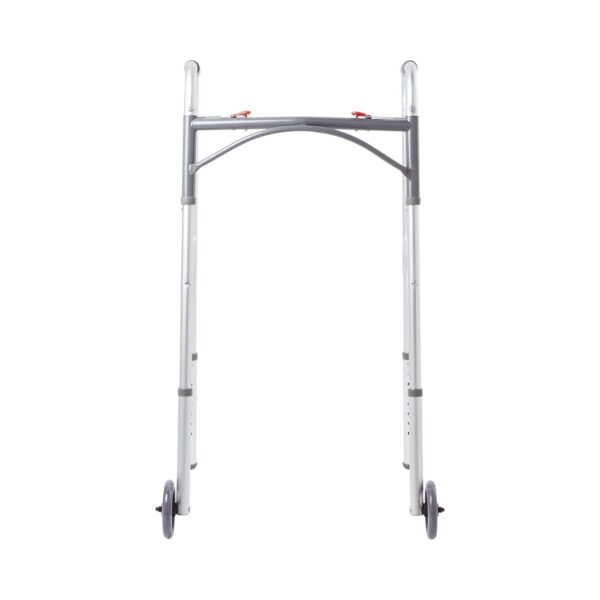 McKesson Dual Release Folding Walker with Wheels * Adjustable Height Aluminum Frame, 350 lbs Capacity - Image 2