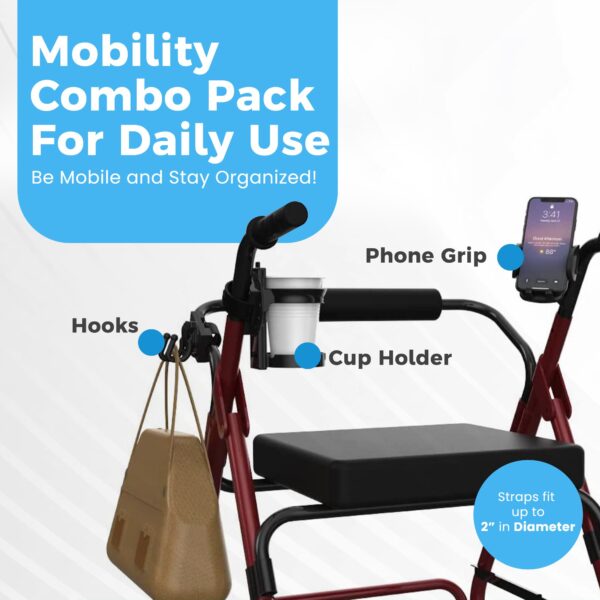 Easy Mobility Walker and Wheelchair Combo Pack with Cup Holder, Phone Holder, and Hooks - Part Number 760 - Image 4
