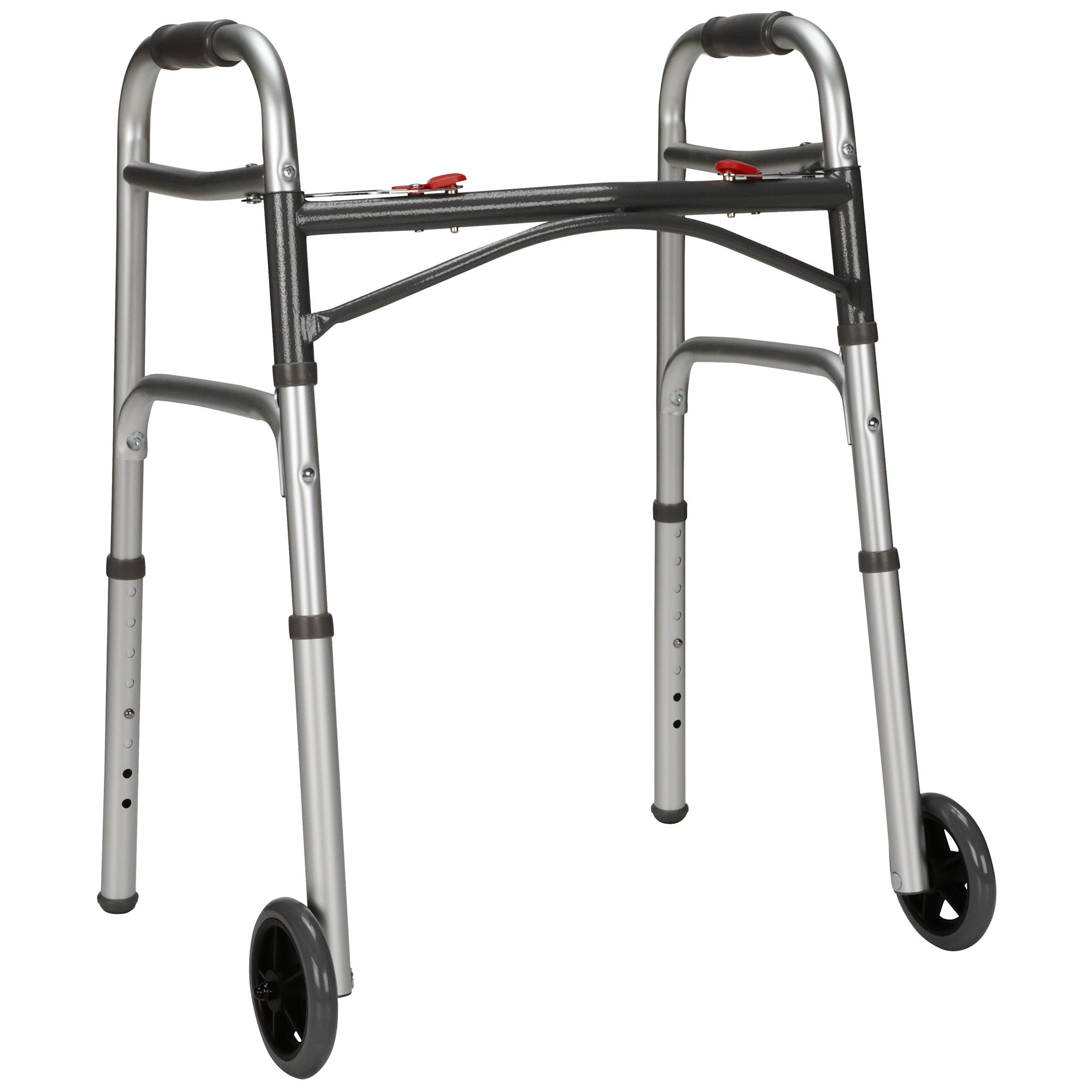 McKesson Dual Release Folding Walker with Wheels - Adjustable Aluminum Frame, 350 lbs. Capacity, 25 to 32-1/4 Inch Height