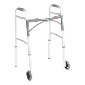 McKesson Dual Release Folding Walker with Wheels - Adjustable Height Aluminum Frame, 350 lb Capacity