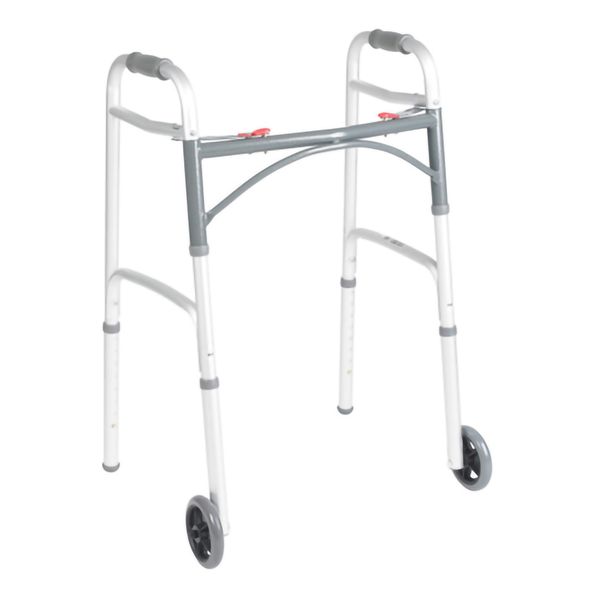 McKesson Dual Release Folding Walker with Wheels - Adjustable Height Aluminum Frame, 350 lb Capacity