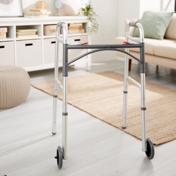 McKesson Dual Release Folding Walker with Wheels - Adjustable Height Aluminum Frame, 350 lb Capacity, Model 146-10210-4 - Image 6