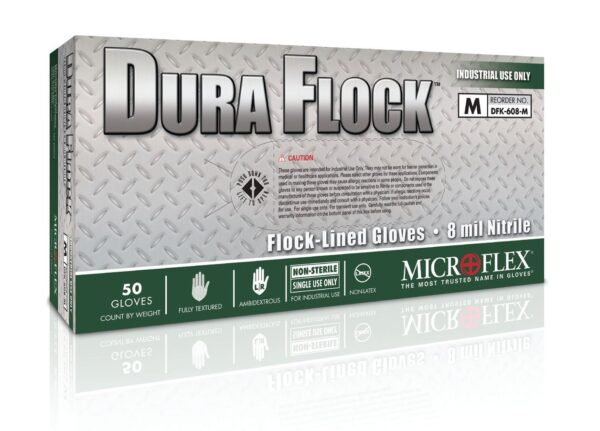 Microflex Dura Flock Medium Nitrile Utility Gloves, 10.6 Inch Beaded Cuff, Green