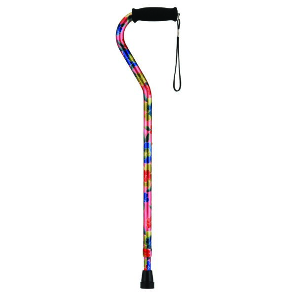 Nova Aluminum Offset Cane by EA - Pink Garden Print, 30 to 39 Inch Height