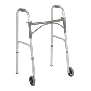 McKesson Dual Release Folding Walker with Wheels - Adjustable Height Steel Frame, 350 lbs Capacity, Part #146-10244-1